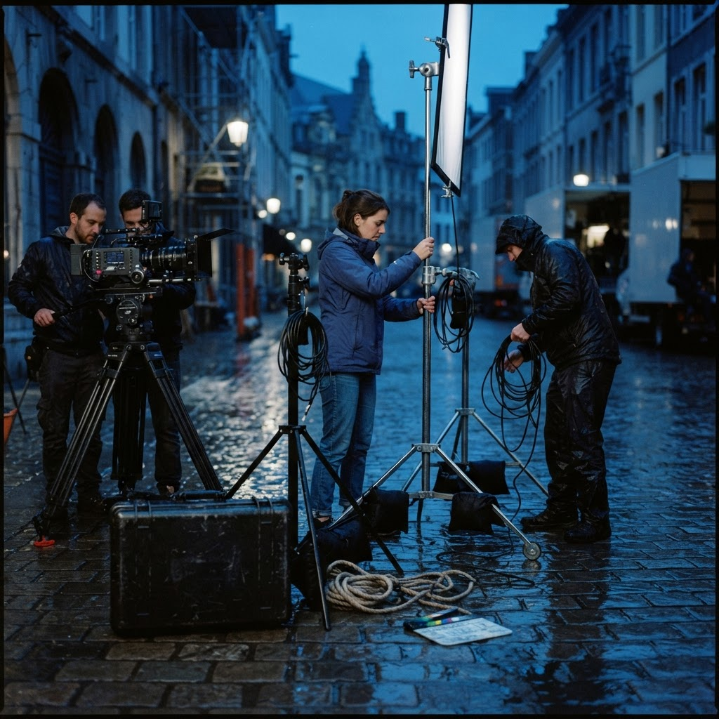Film production set after rain at blue hour