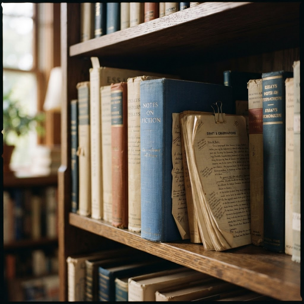 Annotated books and a folded creative brief in afternoon light