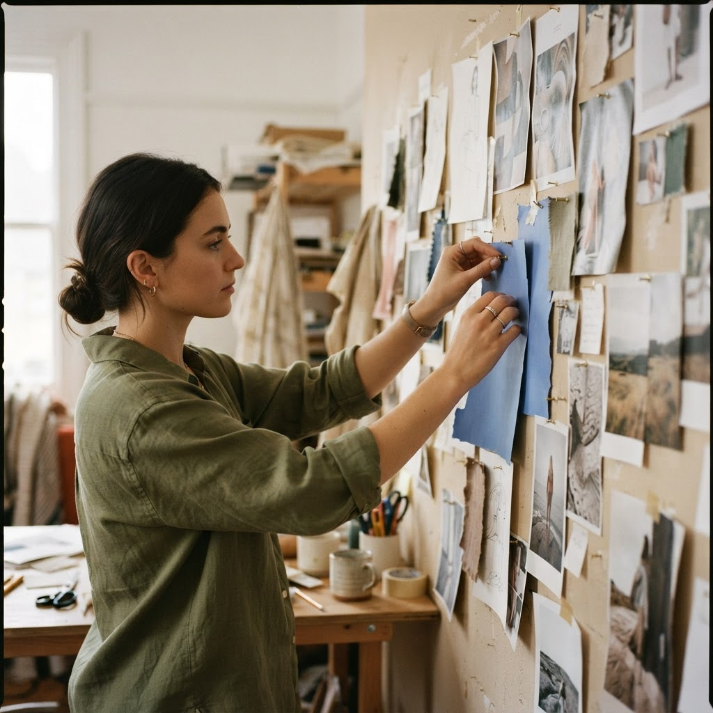 Visual references being pinned to a studio wall